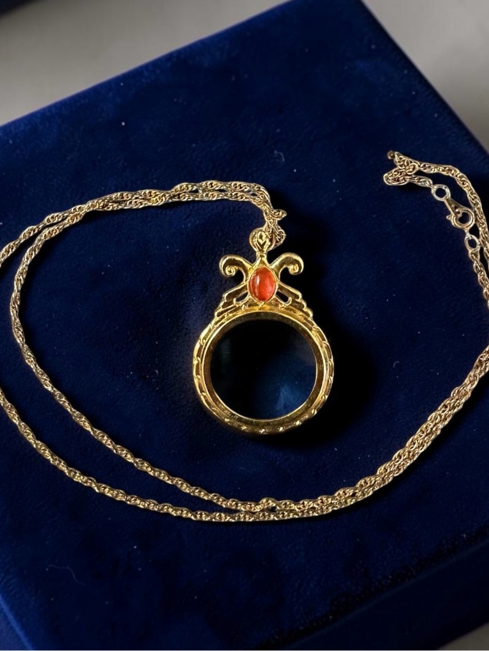 Vintage Magnifying Glass Pendant on Gold Tone Chain,  28” chain